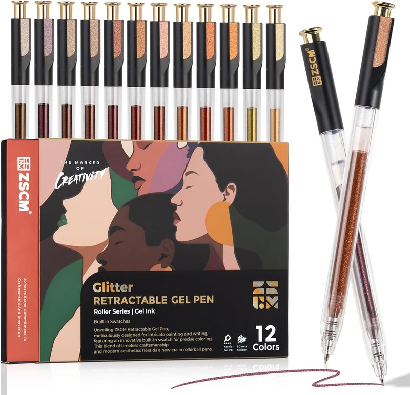 ZSCM Retractable Glitter Gel Pens, 12 Colors Large Capacity Skin Tone Glitter Metallic Gel Ink Pens, 1 mm Fine Point Smooth Writing Color Pens for Adult Coloring Book Note Taking Aesthetic Art Supplies - Image 1